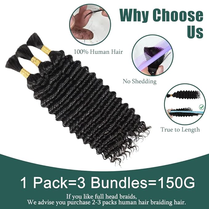 28 Inch Color #1B Deep Wave Human Braiding Hair for Boho Braids 150g Natural Black Deep Wave Bulk Human Hair for Braiding Natural Color