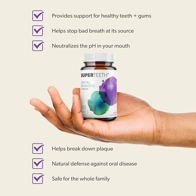 SuperTeeth Oral Probiotic for Kids & Adults | Supports Healthy Teeth, Gums, & Oral Health | Freshens Bad Breath & Fights Cavities with BLIS M18 & Lactobacillus Reuteri | 60 Mint Chewable Tablets