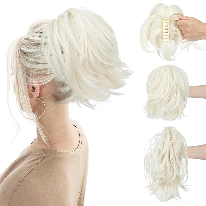 CJL HAIR Claw Clip Short Ponytail Hair Extensions DIY Bendable Metals Messy Bun Hair Piece for Wonen Straight Synthetic Fake Hairpieces Platinum Blonde