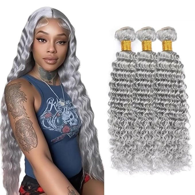 Grey Human Hair Bundles Grey Deep Wave Bundle Silver Hair Weave Mixed Length 3 Bundles 16 18 20 inch Double Weft Hair Extensions