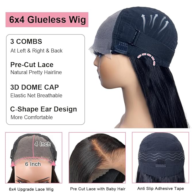 ALI PANDA (2-YEAR Life, 250g, 250% Density 6x4 Wear and Go Wig,100% Human Hair, Skinlike HD Glueless Closure Wigs Human Hair Pre Plucked Pre Cut, (0.1mm Ultra-Thin HD Lace), Middle Part 26 Inch