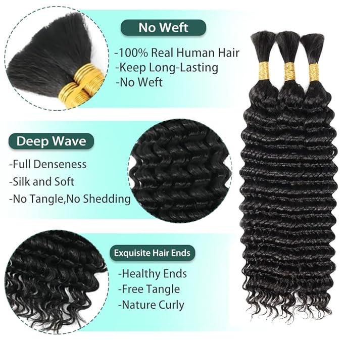Human Braidng Hair for Boho Braids 18 Inch Color 1B Deep Wave Bulk Human Hair for Braiding 10A Deep Wave Bulk 3 Bundles 150g