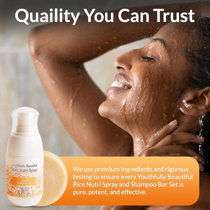 Youthfully Beautiful Rice Nutri Spray and Shampoo Bar Set Thickens Hair Supports Healthy Growth Rice Coffee Extract for Thinning Hair and Hair Loss Natural Cleanser Scalp Treatment