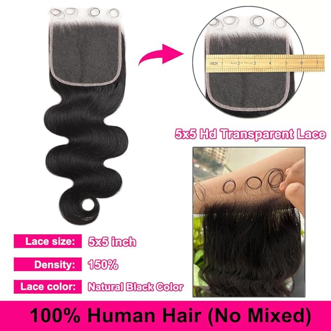 5x5 HD Lace Closure Human Hair Body Wave 0.10mm SKINLIKE Ultra-thin Invisible HD Lace Closure 100% Human Hair Extensions 12A Brazilian Virgin Hair Pre Plucked with Baby Hair Natural Color 18 inch
