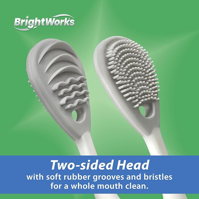 Brightworks ECO Tongue Cleaner – 100% PCR with Aluminum Handle - Dual-Sided Soft Rubber Grooves & Bristle Design - 2 Replaceable Heads + 1 Reusable Handle for Fresher Breath