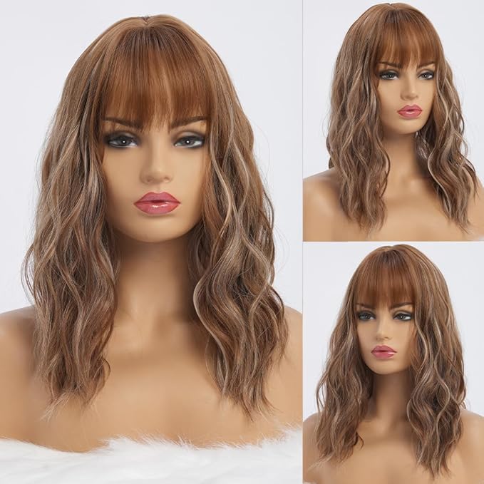 Light Brown Wigs with Highlights for Women Synthetic 16 inch Medium Length Wigs with Bangs Natural Long Wavy Fringe wig Heat Resistant Hair for Daily Party Use (16 inch)