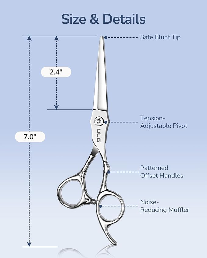 ULG Professional Hair Cutting Scissors 7" Japanese Stainless Steel Hand-Honed Barber Scissors for Home & Salon Use, Ergonomic Textured Handle for Men & Women