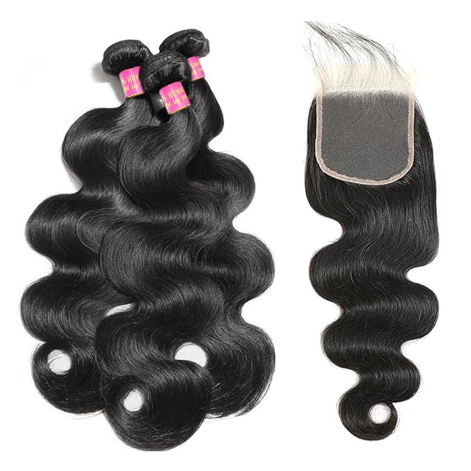 Human Hair Bundles with Closure (20 22 24+18 Inch) 12A Body Wave 3 Bundles with 5x5 Closure 100% Unprocessed Brazilian Virgin Quick Weave Bundles Human Hair Natural Black