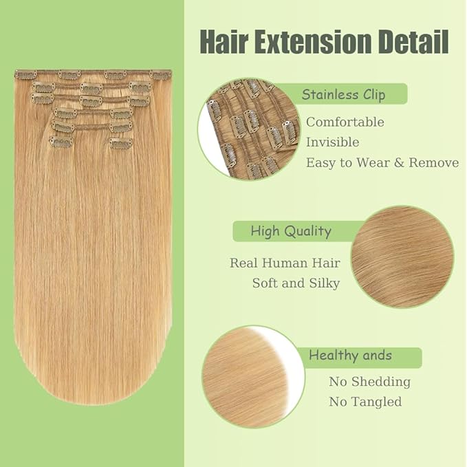 28 Inch #27 Blonde Clip in Hair Extensions - Real Remy Human Hair, 120g 7pcs, Honey Blonde Human Hair Extensions Clip ins for Women