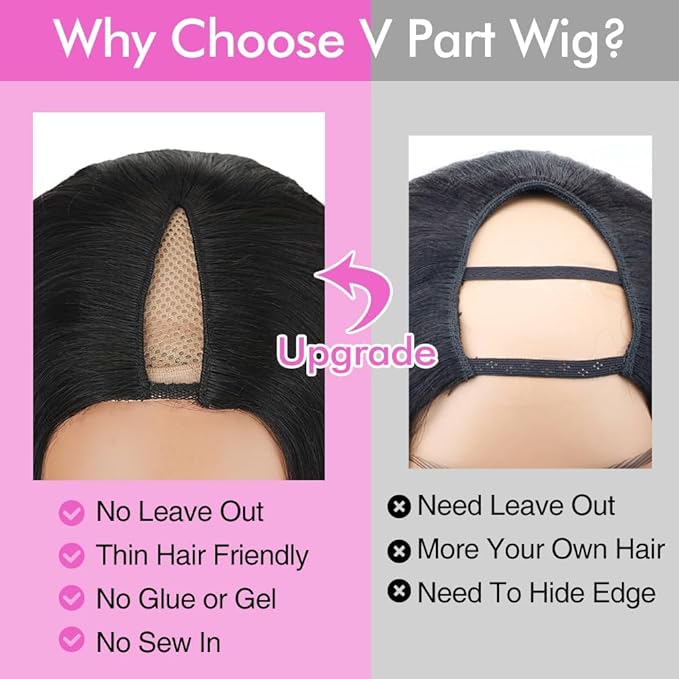 CHEETAHBEAUTY V Part Wigs Human Hair Straight V Shape Wigs for Black Women Upgrade U Part Wigs No Leave Out No Sew No Glue Clip in Half Wigs 180% Density Natural Black 20Inch