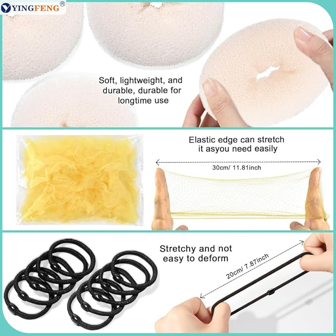 YINGFENG 134 Pcs Beige Hair Bun Maker Kit Medium - 4 Bun Hair Pieces for Women, 20 Hair Net for Buns, 100 Bobby Pins for Women, 10 Hair Bands, for Ballet Styling, Hair Accessories for Girls