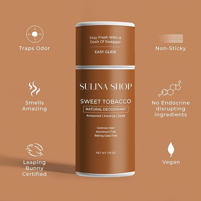 Natural Sweet Tobacco Men Deodorant - Aluminum-Free & Baking Soda Free, 24-Hour Odor Protection, Eco-Friendly Sweet Tobacco Scent