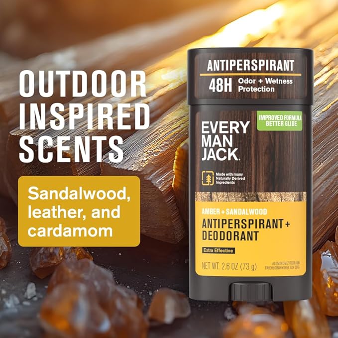 Every Man Jack Men’s Amber + Sandalwood Antiperspirant Deodorant – New & Improved Formula – 48-Hour Odor & Sweat Defense– 2.6 oz (2 Pack)