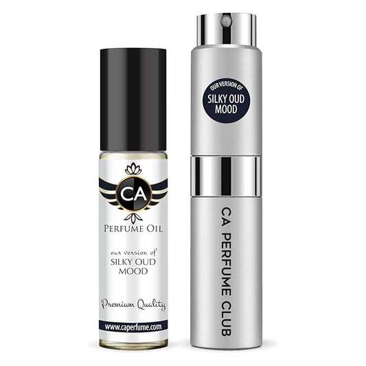 CA Perfume Duo Impression of Silky Oud Mood For Women And Men Perfume Layering Set Long Lasting Travel Size EDP + Body Oil Roll-On Bottle 0.27 Fl Oz+0.33 Fl Oz