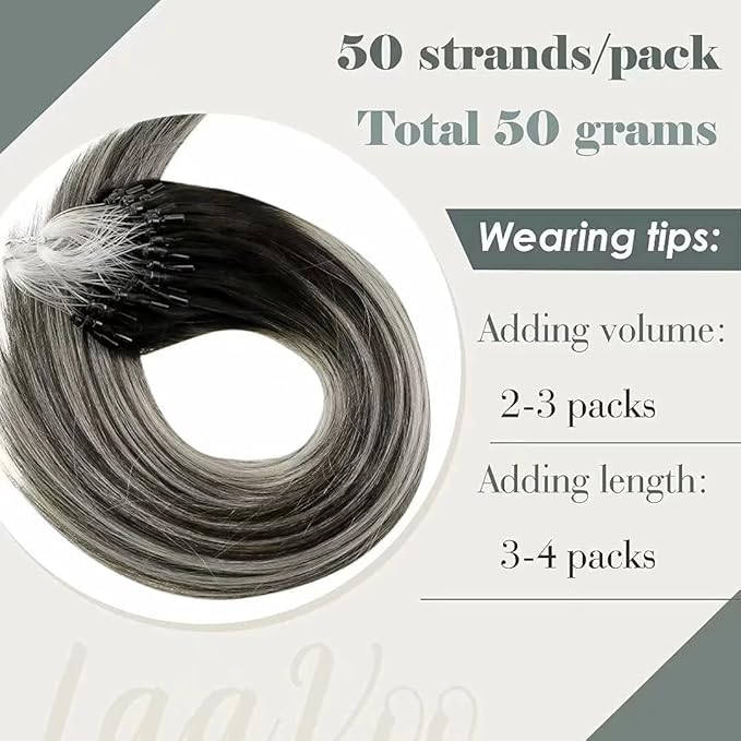 LaaVoo Micro Beads Hair Extensions Ombre Natural Black to Grey Silver Micro Loop Hair Extensions Real Human Hair Balayage Cold Fusion 16 Inch 50g/50s