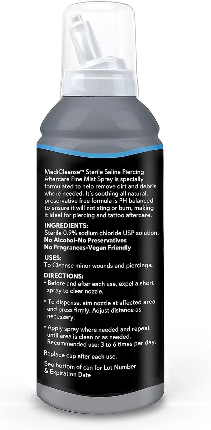 MediCleanse Sterile Saline Piercing Aftercare Fine Mist Spray, 7.5 Ounce, All Natural, No Alcohol, Vegan Friendly, for Piercings and Tattoos, Made in USA
