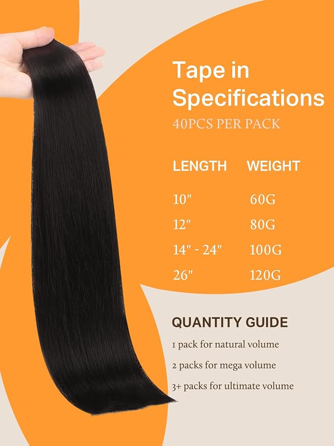 DOORES Tape in Hair Extensions - Jet Black, 14 Inch, 100g, 40pcs - Remy Human Hair, Straight, Natural, Skin Weft for Women