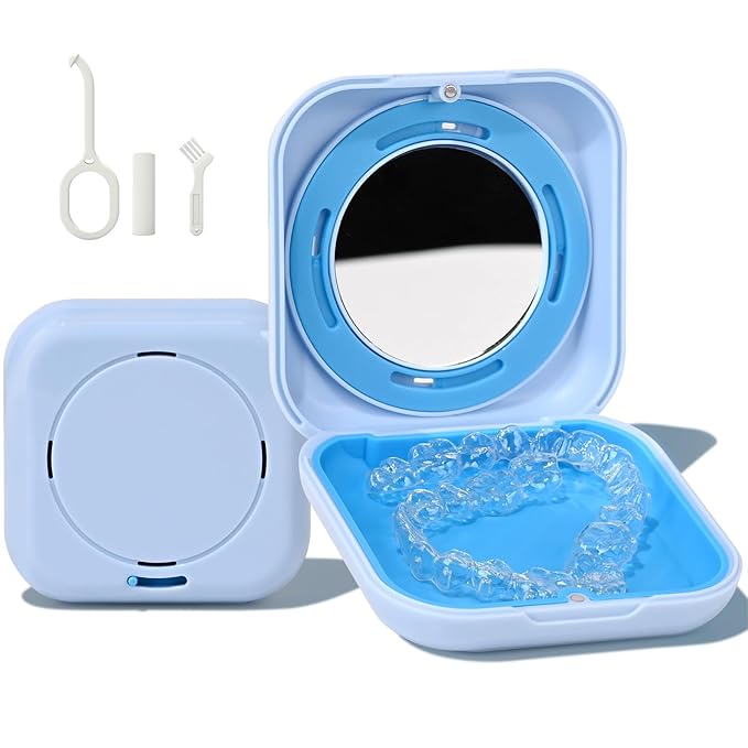 HEMILAB® Retainer Case, Slim Aligner Case with Vent Holes, Compatible with Invisalign, Mouth Guard Case with Mirror, Cute Orthodontic Retainer Case with Retainer Removal Tool and Brush, Blue