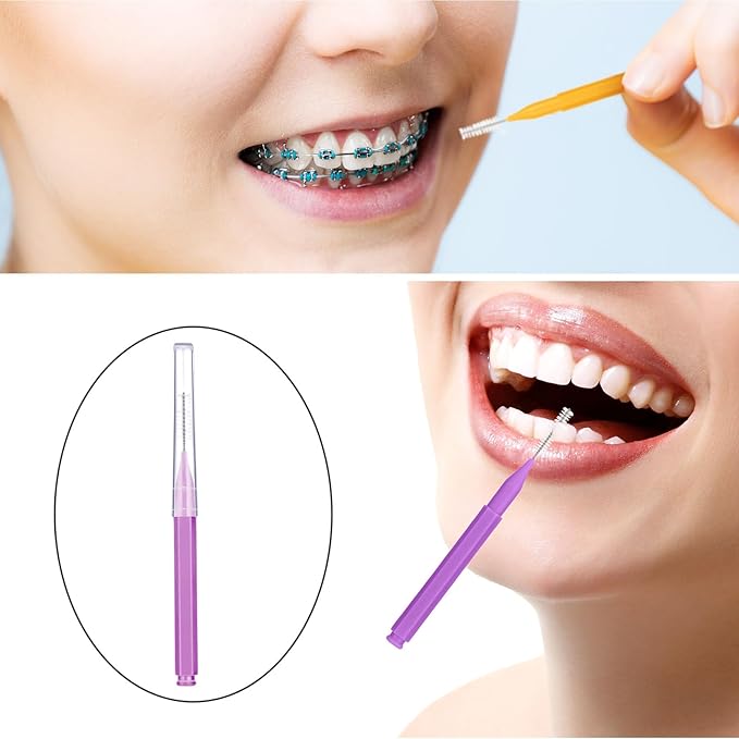 Patelai 100 Pieces Braces Brush for Cleaner Interdental Brush Toothpick Dental Tooth Flossing Head Oral Dental Hygiene Flosser Toothpick Cleaners Tooth Tool(Purple, Orange,Cute Size)