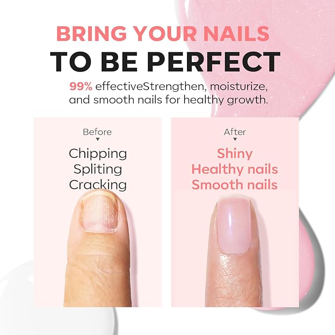 modelones Nail Strengthener, Sparkle Pink Nail Polish Nail Repair for Damaged Nails Hardener Air Dry Nail Growth Polish Natural Nail Concealer Foundation Gifts for Women 15ml