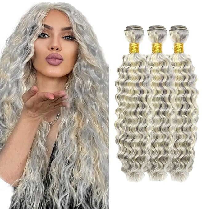 14 16 18 Inch Blonde Bundles Human Hair P613/grey Deep Wave 3 Bundle Unprocessed Brazilian virgin hair Weave Extensions Double Weft 50 Grams/Bundle Colored Highlight Grey Bundles for Woman
