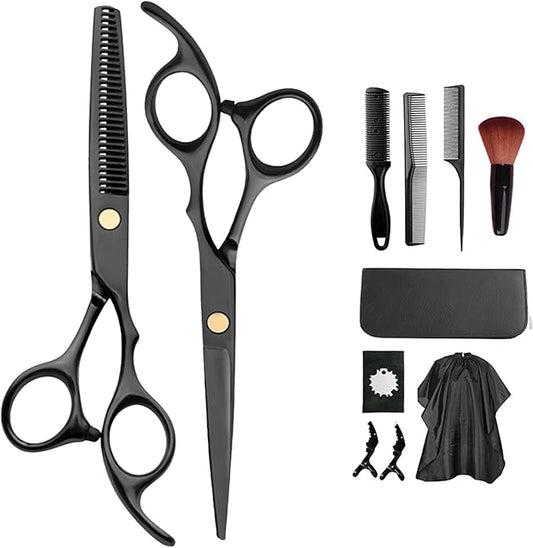 Hair Scissors Set - 11 Pcs Black Stainless Steel Haircut Set with Thinning Scissors, Neck Duster Brush, Comb, Barber Cape, Hair Clips with Pu Box