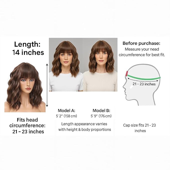 WAVE&BREEZE Short Brown Highlight Blonde Wigs with Bangs 14Inch Blonde Curly Bob Wig for Women Shoulder Length Natural Looking Hair Replacement Wig for Daily Party Use Cosplay Costume Halloween Wig