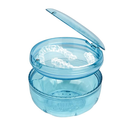 Retainer Cleaner Case,Double Layer No-Leak Denture Cup for Soaking Dentures, Denture Bath for Invisalign Aligner,Retainers,Mouth Guard,Night Guard (Blue)