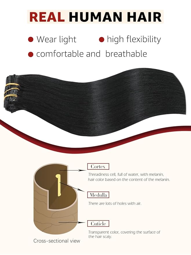 Clip in Hair Extensions Real Human Hair, 22 Inch 120g, #1 Jet Black, Natural Straight Clip On Hair Extensions 6pcs Per Set With 18 Clips Double Drawn(#1,22'')