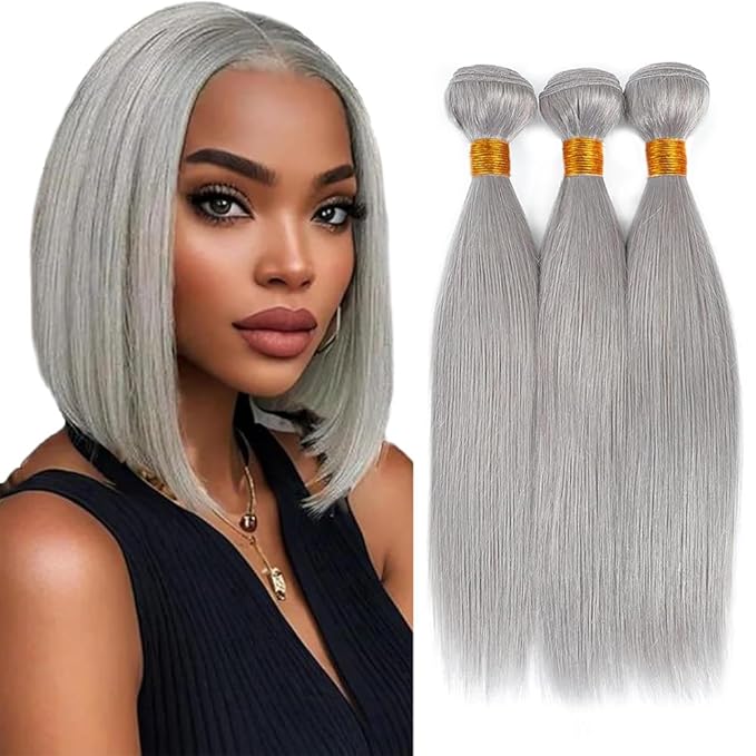 Silver Human Hair Bundles Grey Straight Bundle 12 14 16 Inch Gray Hair Weave 3 Bundles Gray Color Long Hair Extensions