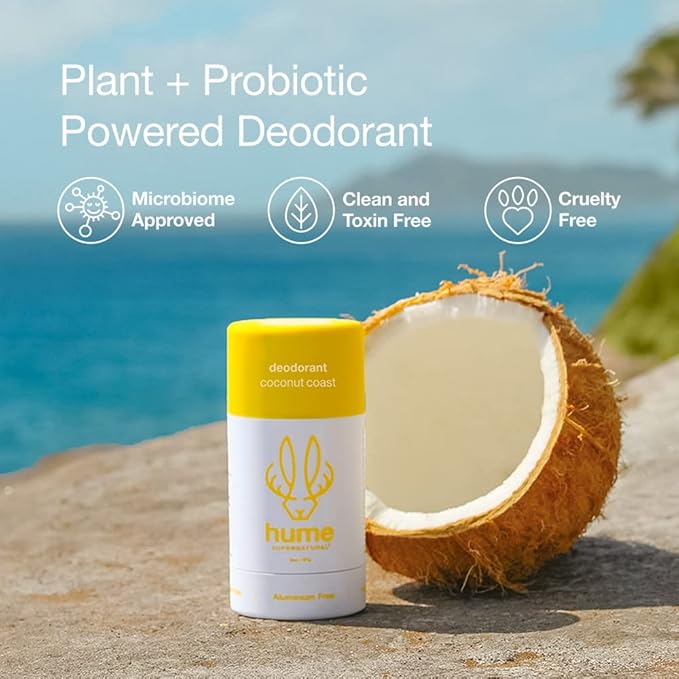 Hume Supernatural Aluminum Free Deodorant for Women & Men - Safe for Sensitive Skin - Probiotic, Plant-Based, Baking Soda Free, Aloe, & Cactus Flower, Anti Sweat, Stain & Odor - Coconut Coast 1-Pack