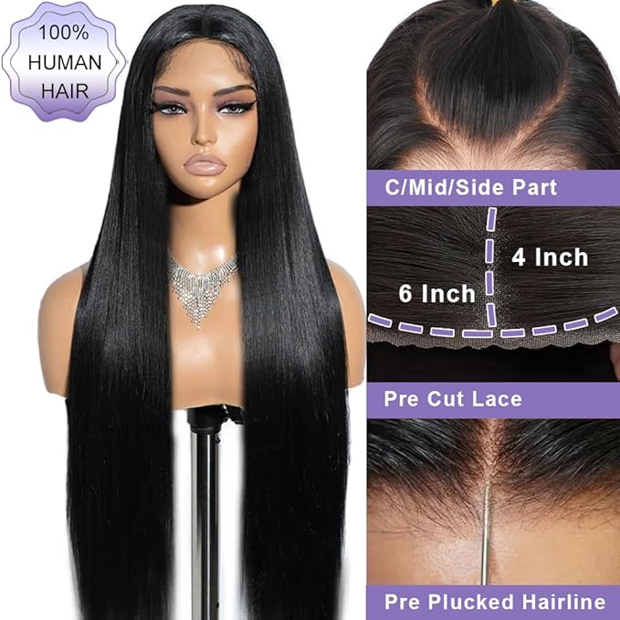 ALI PANDA (2-YEAR Life, 220g, 210% Density 6x4 Wear and Go Wig,100% Human Hair, Skinlike HD Glueless Closure Wigs Human Hair Pre Plucked Pre Cut, (0.1mm Ultra-Thin HD Lace), Middle Part 26 Inch