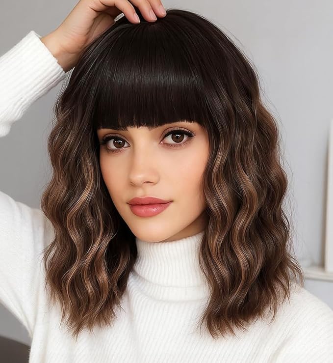 WAVE&BREEZE Brown Highlight Blonde Wig with Bangs Short Curly Bob Wigs for Women 14 Inch Shoulder Length Natural Looking Hair Replacement Wigs for Cosplay Party Use