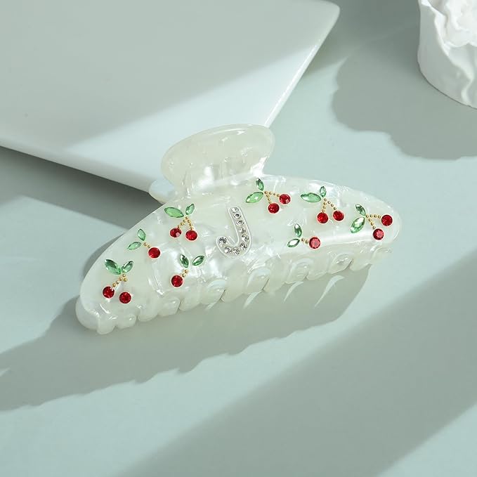 LILIE&WHITE Christmas Gift Acrylic Cherry Letter Hair Clips For Women With RhinestonesInitial Hair Claws For Thick Hairs Trendy Monogram Large Clips Fashion Big Claw Clip Jewelry Gift Alphabet J