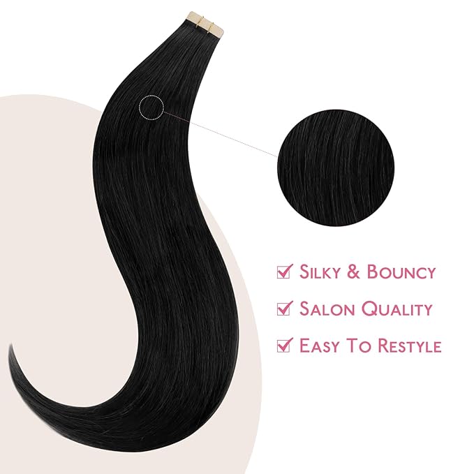 WENNALIFE Tape in Hair Extensions Human Hair Jet Black Tape in Extensions, 10pcs 30g 24 inch Remy Invisible Tape Ins Straight Colored Soft Real Human Hair Tape in Extensions Refill Set Extensions