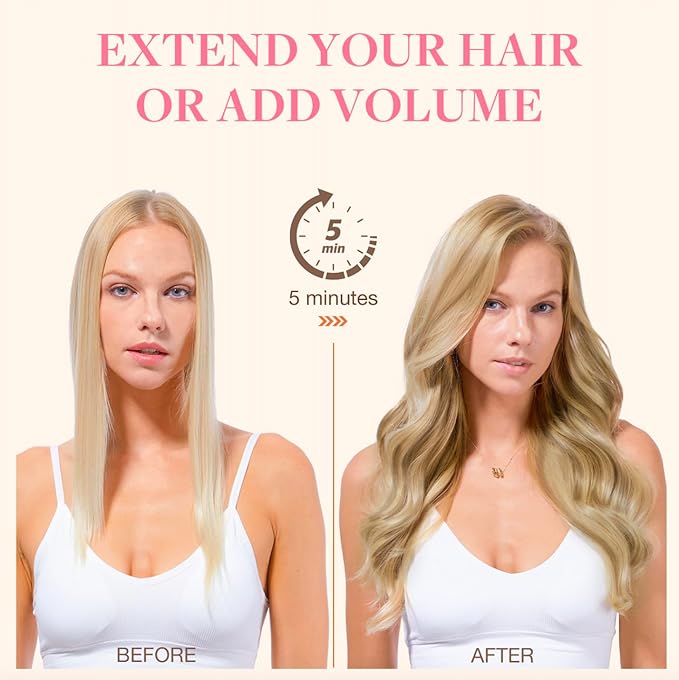 GOO GOO Invisi Edge Clip in Hair Extensions, 18inch 50g 4Pcs, Injected Seamless PU Clip in Hair Extensions, Virgin Real Human Hair, #16/22 Light Blonde Highlighted Golden Blonde