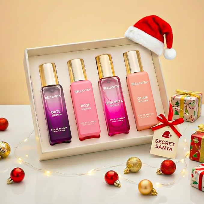 BellaVita Luxury Women's Perfume Gift Set (4x20ml) | Notes of Floral, Sweet, Spicey Red Fruit, Vanilla & Musk | DATE, SENORITA, GLAM & ROSE | French Parfum Collection Gift Set