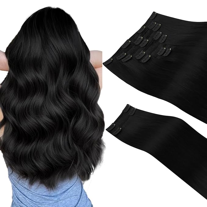 HOTBANANA Clip in Hair Extensions Real Human Hair, 135g 9pcs 18 inch Jet Black Straight Remy Clip in Extensions Full Head for Women