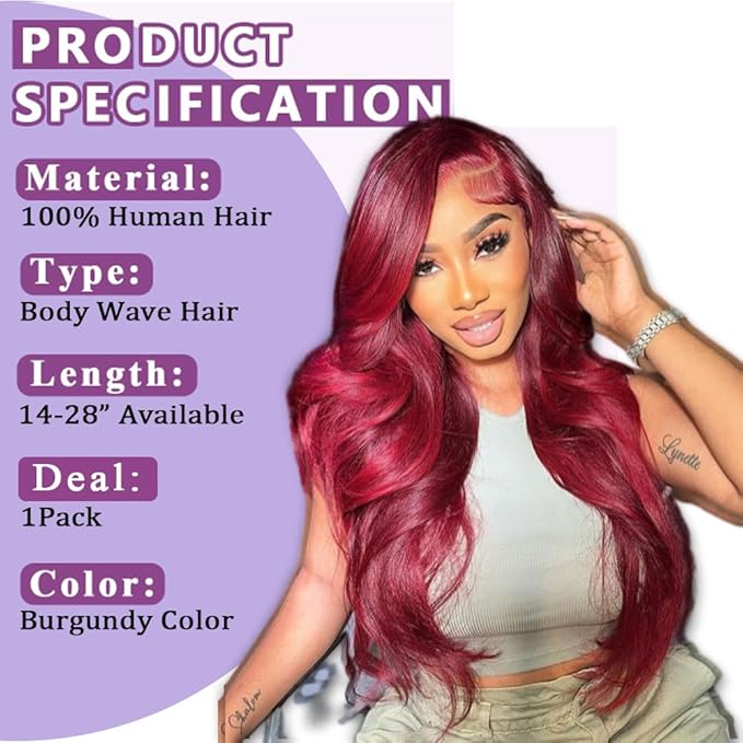 99J Burgundy Human Hair Bundles Body Wave 30 Inch 12A Wine Red Double Weft Brazilian Bundles Human Hair Extensions 1 Pack