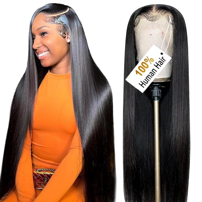 ALI PANDA [100% Human Hair & 2-YEAR Life, 200% Density 13x6 Skinlike HD Straight Lace Front Wigs Human Hair Pre Plucked, [0.1mm Ultra-Thin HD Lace], Natural Black 32 Inch