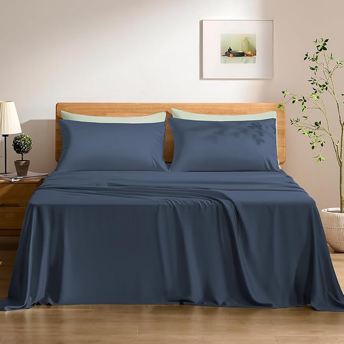 TOSMO Luxury Cooling Sheet Set - 100% Viscose from Bamboo, 4-Piece Bedding Set (Queen Size) - 18” Extra Deep Pockets, Oeko-Tex Certified, Silky Soft and Breathable, Slate