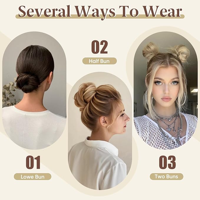 CJL HAIR 2PCs Small Cute Messy Bun Hair Piece for Thin Hair Women Mini Synthetic Curly Bun Scrunchies Updo Hairpieces Beige Multi