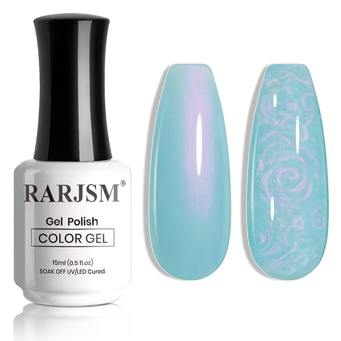 RARJSM Pearl Gel Nail Polish,15ML Lake Blue Pearlescent Gel Polish,Purple Red Shell Glitter Shimmer Mermaid Nail Gel Polish Soak Off LED UV Drawing Swirl Thread Effect for DIY Manicure Use
