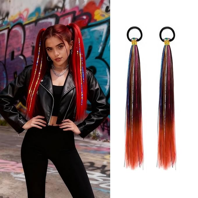 2 Pack Braid Ponytail Extensions, 26 Inch Braided Ponytail Wig with Elastic Tie for Girls (Black/Red#, 26 Inch (Pack of 2))