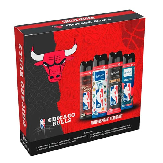 Above NBA – Chicago Bulls Deodorant Gift Set – A Giftable Set for Bulls Fans – Antiperspirant Spray, 4 Signature Scents, 72h Protection, Dry Spray, No Stains – 5.07 oz, Pack of 4