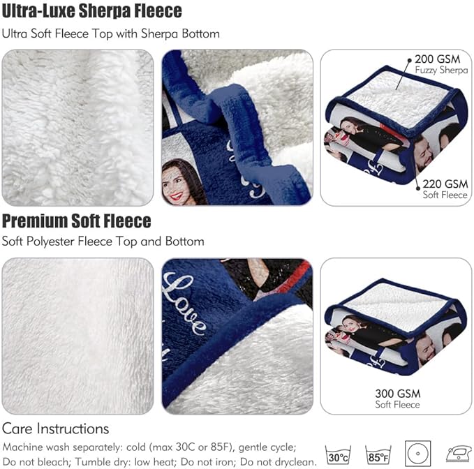 Custom Sherpa Fleece Blanket with Photos and Text - Soft Warm Fuzzy Personalized Couples Gift for Boyfriend Girlfriend - Customized Picture Gifts for Birthday Anniversary Christmas
