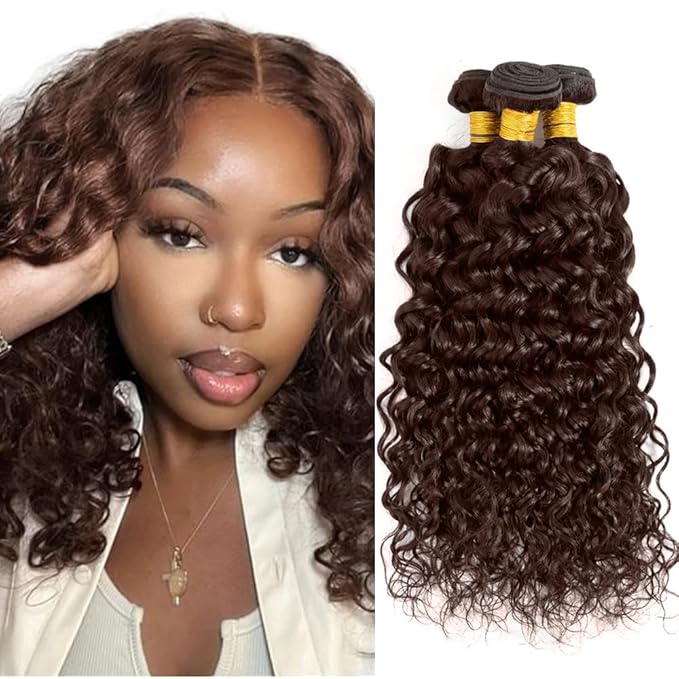 Brown Human Hair Bundles Dark Brown Water Wave Bundles 14 16 18 inch WuvuSnm #4 Wet and Wavy Bundle #4 Water Wave Bundle