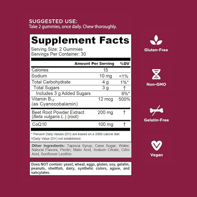 Goli Beets Cardio Gummies with CoQ10 and Vitamin B12 - Beetroot Extract - Cardiovascular Wellness - Vegan, Non-GMO, Gluten-Free - 180 Count (3 Pack)