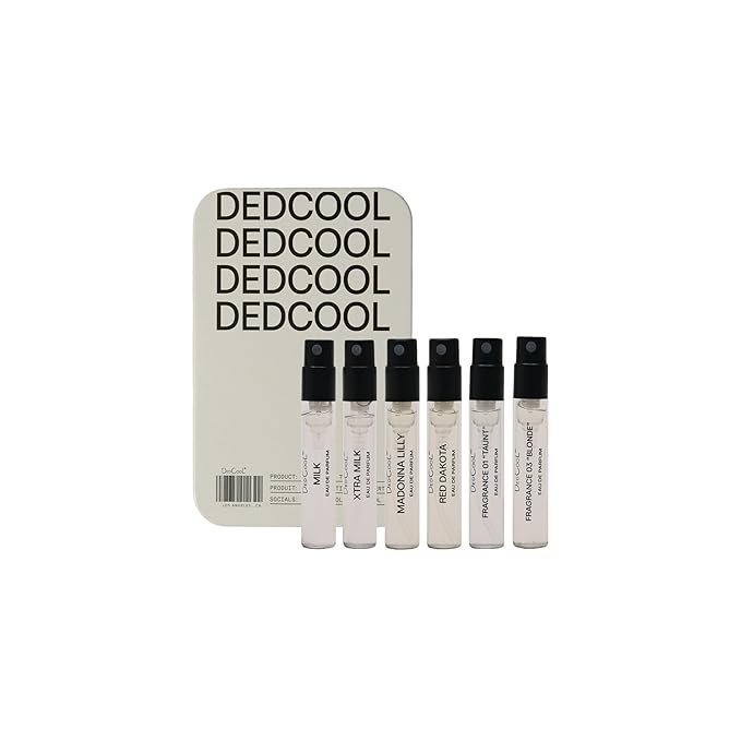 DedCool Sample Tin Luxury Fragrance Discovery Set | 6 Genderless Scents – Xtra Milk, Milk, Red Dakota, 01 Taunt, Madonna Lilly, 03 Blonde | Long Lasting, Vegan, Non-Toxic, Clean | Travel Size