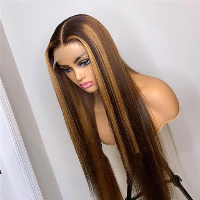 Tuneful 30 Inch Ombre Lace Front Wig Human Hair Highlight 4/27 Honey Blonde Colored Wigs 180% Density 13X6 Straight Lace Frontal Wig for Women